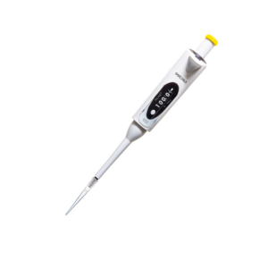 The Sartorius mLINE Mechanical Pipette, Single Channel, 10-100μL, features a digital volume display and yellow push button for precise liquid measurement in laboratories.