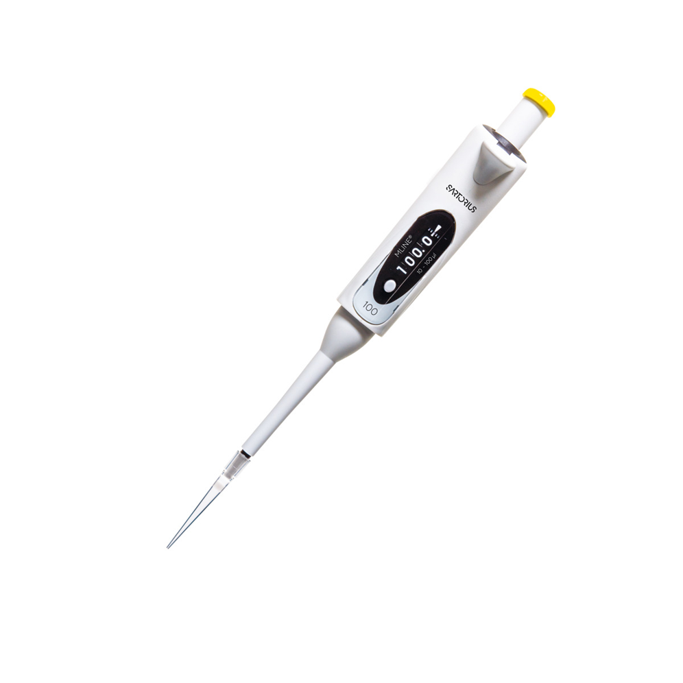 SA 725050 The Sartorius mLINE Mechanical Pipette, Single Channel, 10-100μL, features a digital volume display and yellow push button for precise liquid measurement in laboratories.