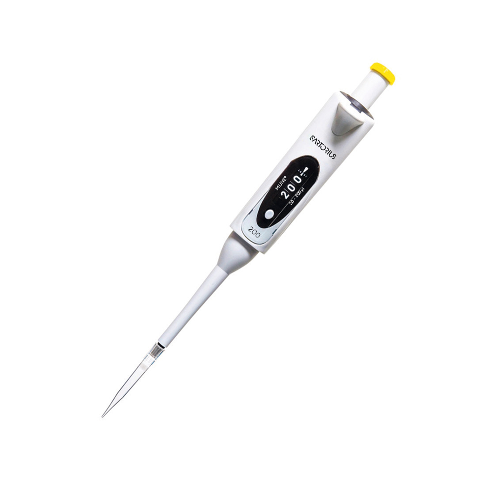 SA 725060 The mLINE Mechanical Pipette, Single Channel, 20-200μL (Sartorius), features a white body, yellow button, and digital display for precise liquid measurement and transfer.