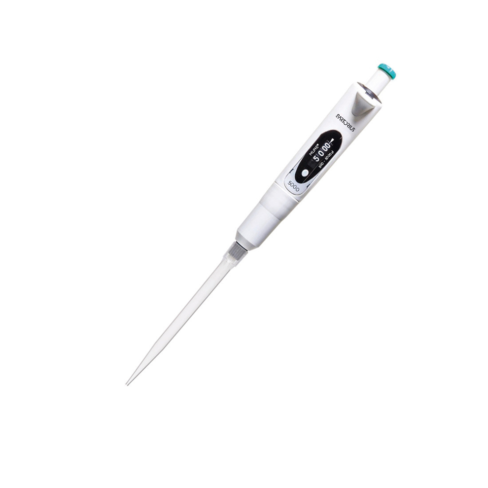SA 725080 The mLINE Mechanical Pipette, Single Channel, 500-5000μL (Sartorius), features a white body and black display, ideal for precise liquid measurement in labs.