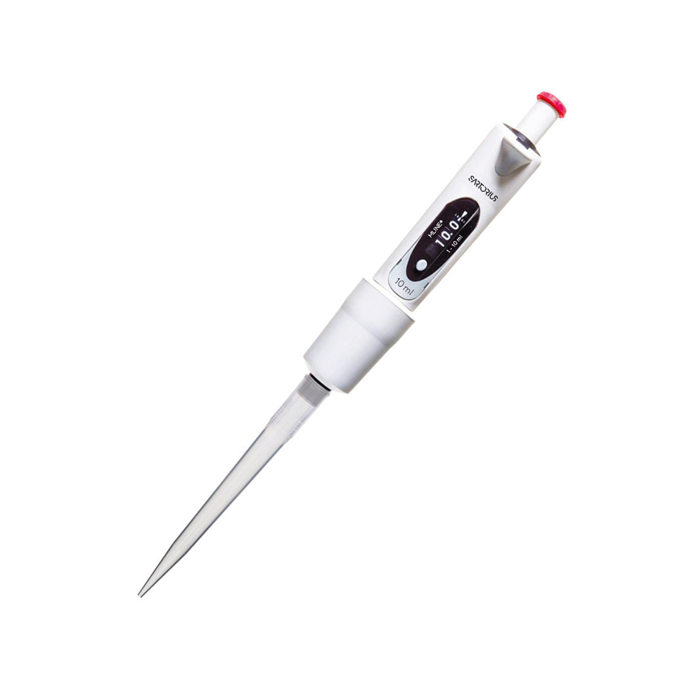 SA 725090 The Sartorius mLINE Mechanical Pipette, Single Channel, 1-10mL, ensures precise liquid measurement for labs with ergonomic design and clear volume display.
