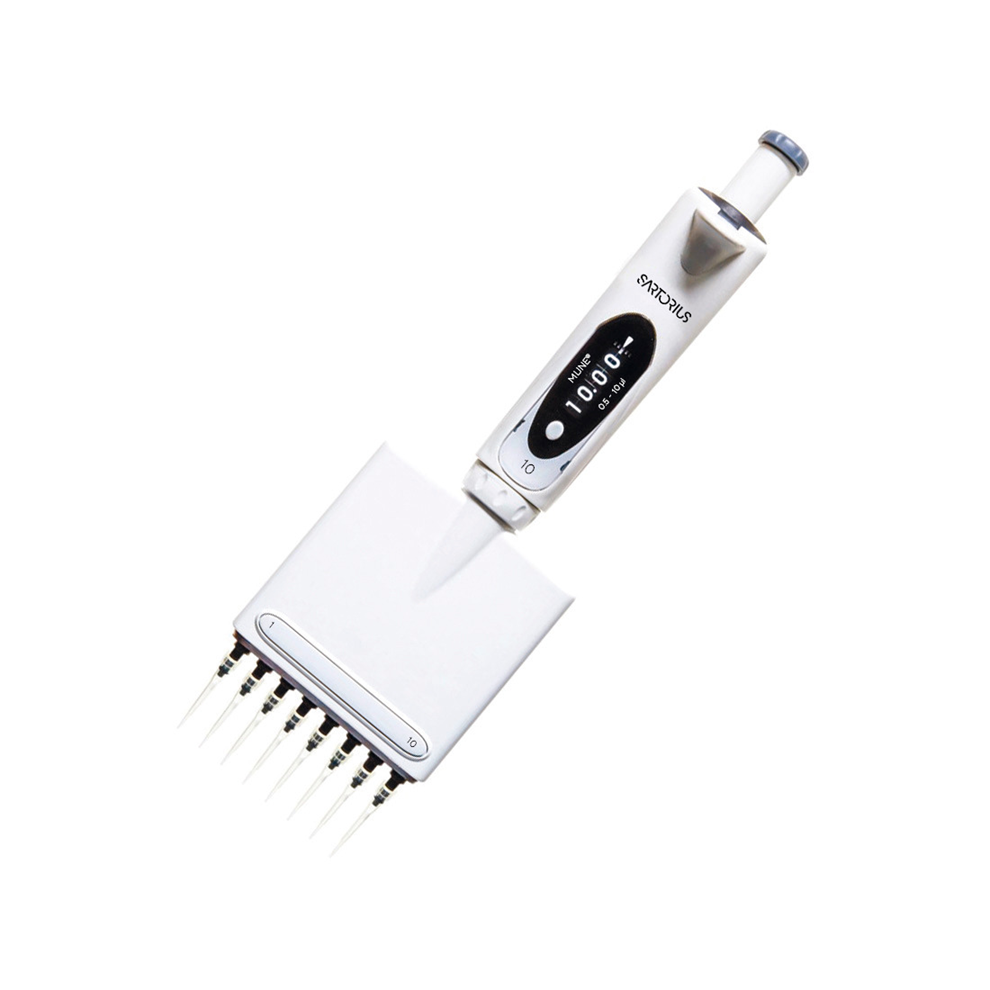 The mLINE Mechanical Pipette, Multichannel, 8 Channel, 0.5-10μL (Sartorius) offers precise liquid handling in labs with eight channels for accurate small-volume dispensing.