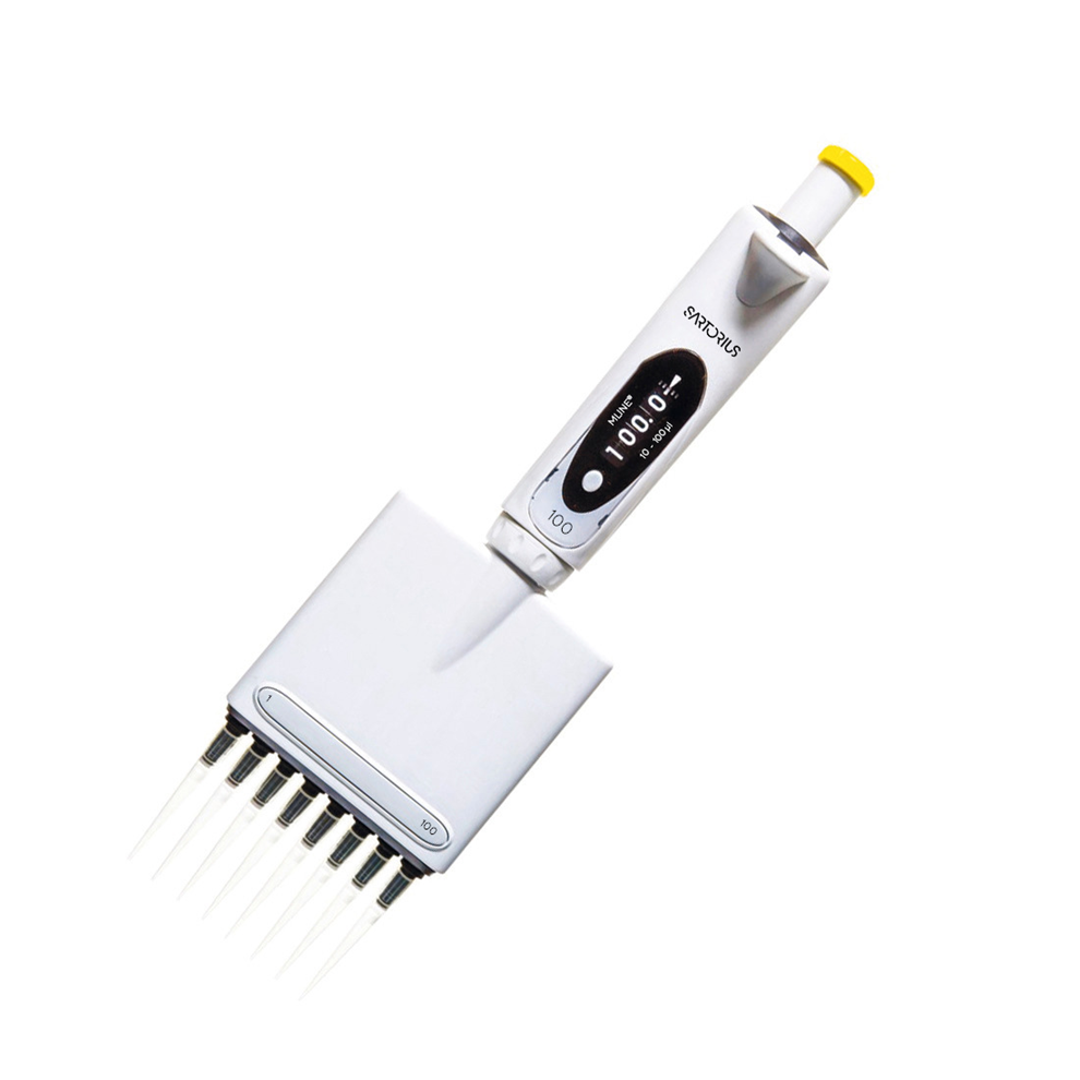 The Sartorius mLINE Mechanical Pipette is an 8-channel multichannel device (5-100μL) designed for precise liquid handling in laboratories.