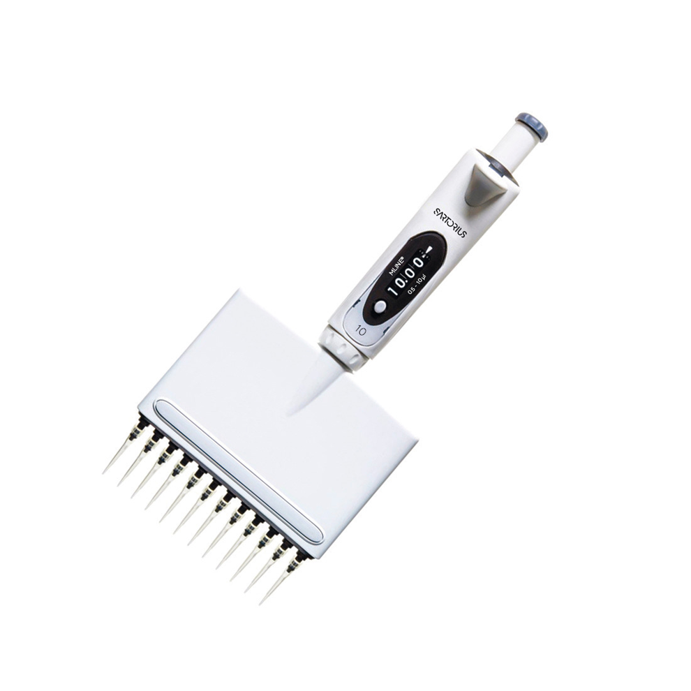 The mLINE Mechanical Pipette by Sartorius is a 12-channel multichannel pipette for 0.5-10μL volumes, designed to precisely dispense liquids in laboratory environments.