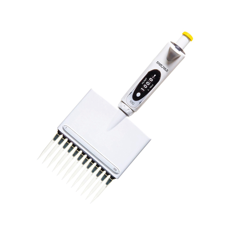 A Sartorius mLINE mechanical multichannel pipette with 12 channels, a 5-100 μL range, and white-yellow accents is shown set to 10.0 μL on its digital display.
