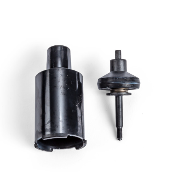 Two black metal parts are side by side on a white background. The left is cylindrical, while the right has a threaded end, both resembling Sartorius mLINE/Proline Plus/Tacta Tip Cone and Piston, Single Channel, 10mL components.