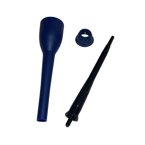 Three blue and black plastic parts are shown on a white background: components from the Sartorius mLINE / Proline Plus / Sealpette Pro Tip Cone and Piston, Single Channel, Blue, 20μL.