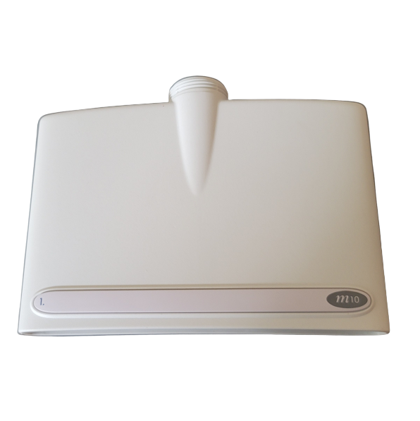 A white plastic Sartorius mLINE Multichannel Tip Cone Housing for 12 channels, 10μL, featuring a central spout and a 'm10' label at the bottom right.