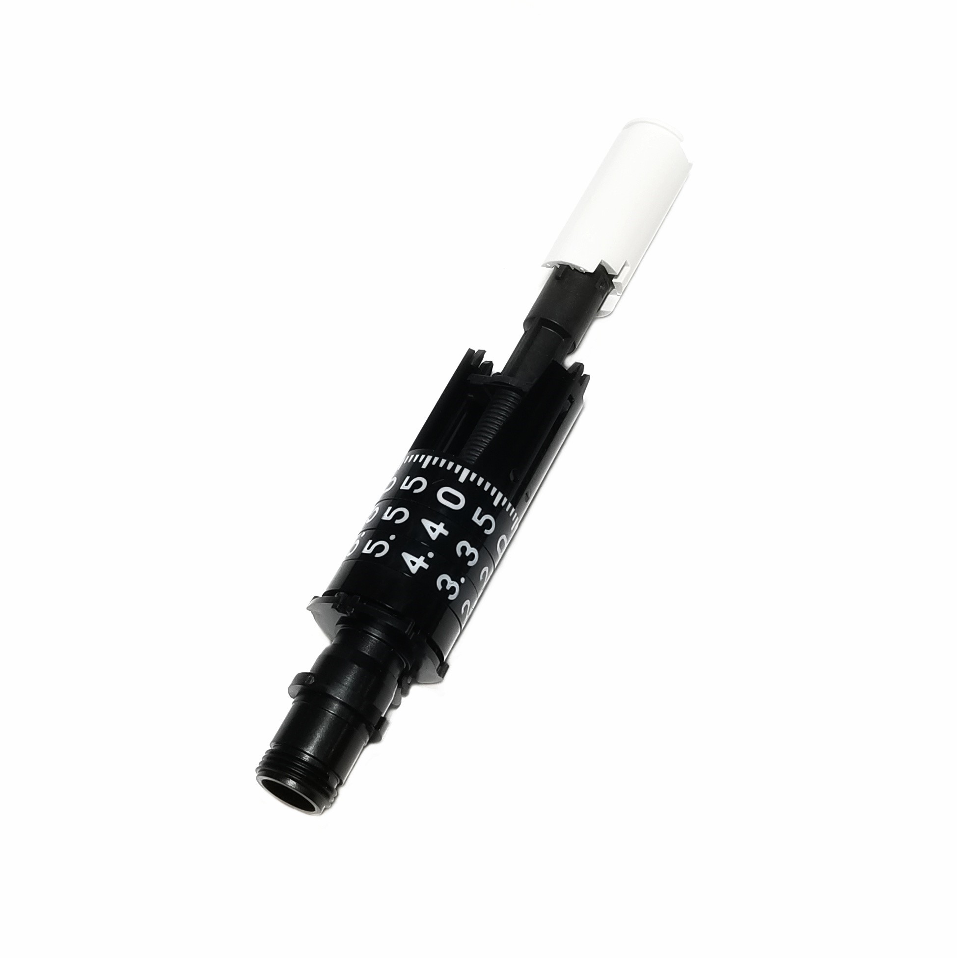 SA 726160 Black and white mechanical counter with numbered rotating dial and cylindrical parts, resembling the Sartorius mLINE Machinery Complete, Multichannel, 10μL (Sartorius), isolated on a white background.