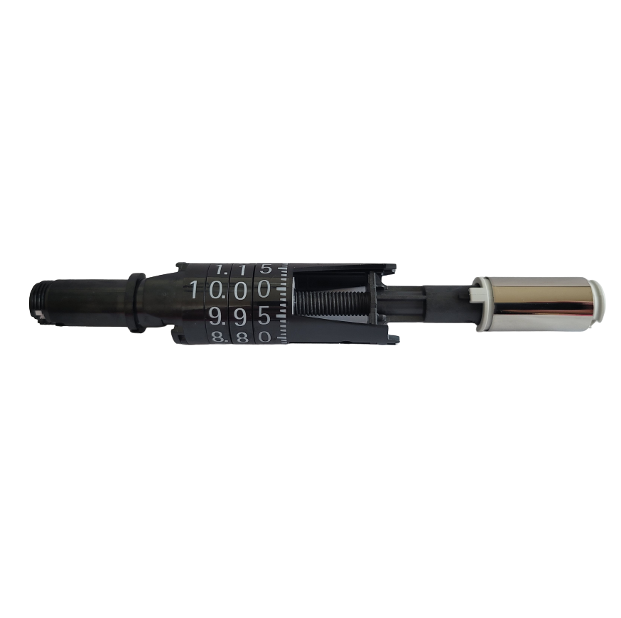 SA 726401.01 The Proline Plus Machinery Complete, Single Channel, 10μL (Sartorius) features a mechanical counter with visible number dials, spring, and cylindrical metal part on the right side, ideal for precise applications; shown isolated on white.