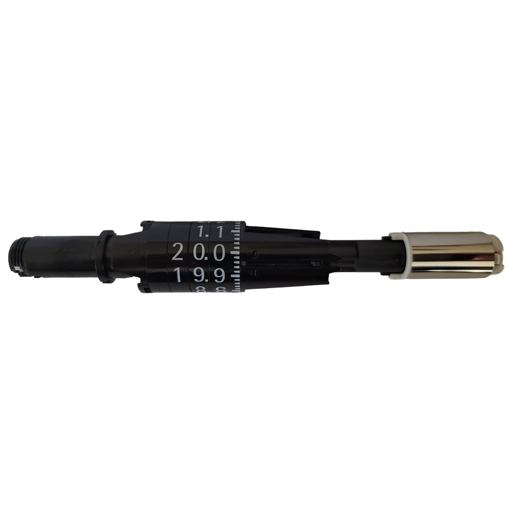 SA 726402.01 Proline Plus Machinery Complete, Single Channel, 20μL (Sartorius) with a numbered volume adjustment dial and metallic end cap, shown isolated on a white background.