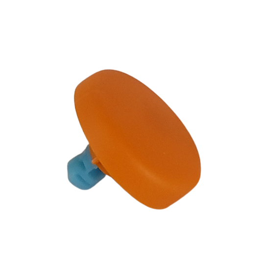 SA 736022 An orange Picus / Picus NxT Color Push Button (300μL, Sartorius) with blue attachment, shown on a white background; designed as an accessory for Sartorius Picus pipettes.