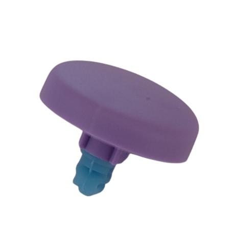 SA 736024 A Picus / Picus NxT Color Push Button, Violet, 1200μL (Sartorius)—a small plastic part with a flat round violet top and short blue stem—is photographed on a white background.