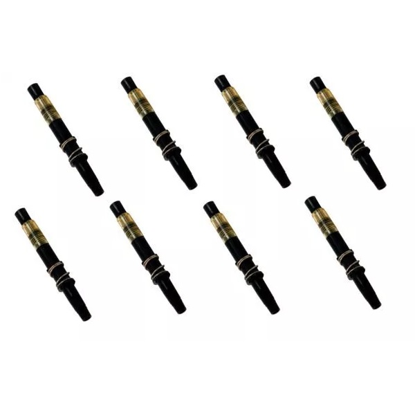 Eight black and gold Picus NxT Piston Assembly Pack (8 Channel, 5-120 μL, Sartorius) converters are arranged on a white background.
