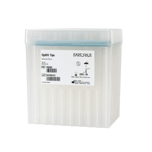 A box of Sartorius Optifit Tips, 5000μL, sterile, green, 150mm, 10 racks of 50 (500 tips), with product details and expiration date shown on the front label.