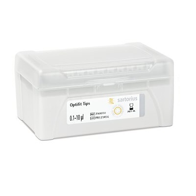Optifit Single Tray Rack, 10μL, White, 31.5mm, 10 x 96, includes 960 Sartorius tips with a transparent lid.