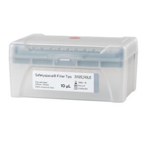 A gray plastic box labeled SafetySpace Filter Tip Single Tray Rack, 10μL (Sartorius), contains 960 sterile pipette tips in a 10x96 rack for laboratory use.