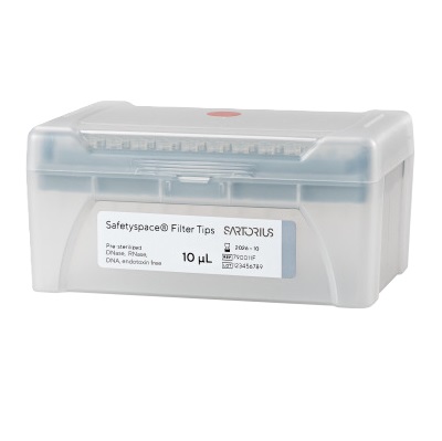 SA 790011F A gray plastic box labeled SafetySpace Filter Tip Single Tray Rack, 10μL (Sartorius), contains 960 sterile pipette tips in a 10x96 rack for laboratory use.