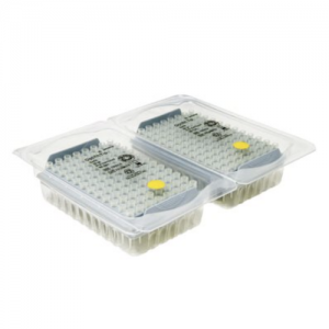 Two plastic trays with rows of capped vials in clear packaging, designed to hold Sartorius Optifit Tips Refill Pack, 10μL, White, Sterile, 20 x 96 (1920 tips).