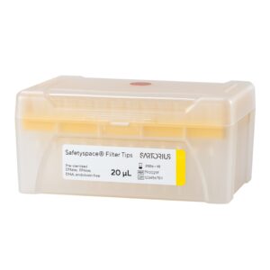 A Sartorius SafetySpace Filter Tip Single Tray Rack, 20μL, yellow, sterile (10x96, 960 tips), is displayed on a white background.