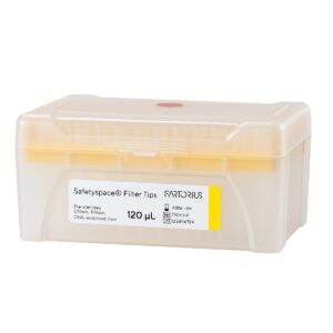 A Sartorius SafetySpace Filter Tip Single Tray Rack (120μL, Yellow, Sterile, 10x96, 960 tips) features product labeling and sterilization details on the front.