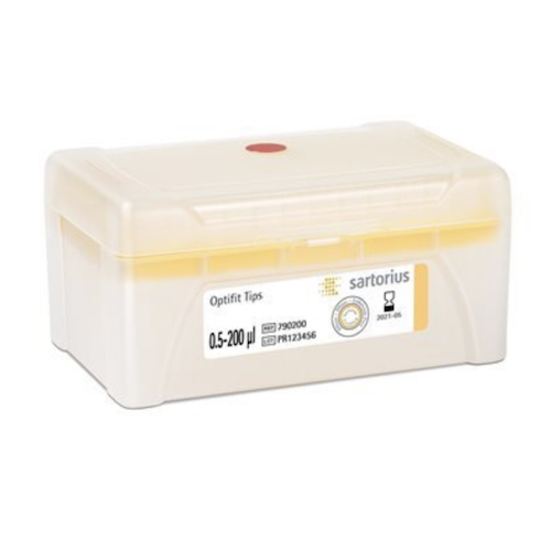 Yellow plastic box labeled “Optifit Single Tray Racked Tips, 200μL” by Sartorius, holds 960 tips (10 x 96) in a single tray format, ideal for storing and dispensing 51mm pipette tips in laboratories.