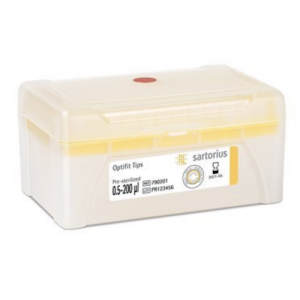 A closed box of Sartorius Optifit Racked Tips, 200μL, yellow, sterile, 51mm, 10 x 96 (960 tips) on a white background.