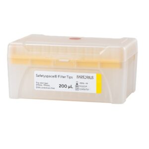 A racked box of Sartorius SafetySpace Filter Tips, 200μL, yellow, sterile (10 x 96, 960 tips) with a translucent lid.