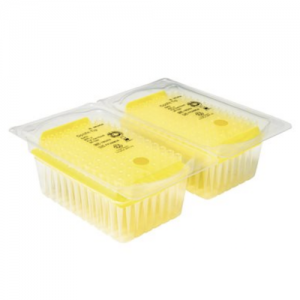 Two clear plastic containers of Sartorius Optifit Tips Refill Pack, 200μL, Yellow, Sterile (51mm, 15 x 96, 1440 tips) with honeycomb inserts and sealed lids are side by side on a white background.