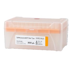A translucent box labeled "SafetySpace Filter Tip Single Tray Rack, 300μL, Orange, Sterile, 10x96, 960 Tips (Sartorius)" holds sterile Sartorius pipette tips.