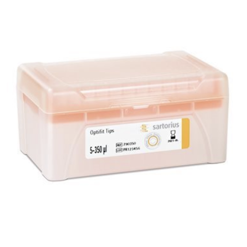 A Sartorius Optifit Single Tray Rack in orange holds 960 pipette tips (350 μL, 54mm), arranged 10 trays of 96 each.