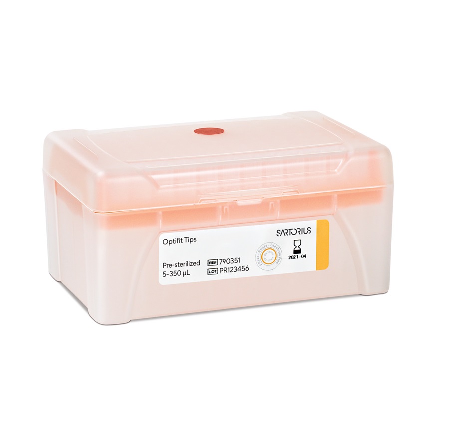 SA 790351 The Optifit Single Tray Rack by Sartorius holds 960 sterile 350 μL pipette tips in an orange, semi-transparent plastic box (10x96), measuring 54 mm.