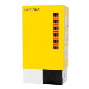 A yellow and white Sartorius Optifit Refill Tower box with a window shows orange 350μL, 54mm tips (10 x 96, total 960 tips) inside.