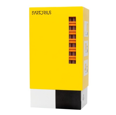 SA 790352 A yellow and white Sartorius Optifit Refill Tower box with a window shows orange 350μL, 54mm tips (10 x 96, total 960 tips) inside.