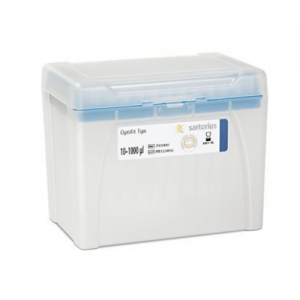 A Sartorius Optifit Single Tray Rack box with a blue lid, labeled for 1000μL pipette tips; contains 10 x 96 (960) tips, 71.5mm length.