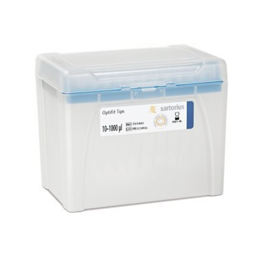 SA 791000 A Sartorius Optifit Single Tray Rack box with a blue lid, labeled for 1000μL pipette tips; contains 10 x 96 (960) tips, 71.5mm length.