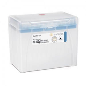 A blue Optifit Single Tray Rack by Sartorius contains 960 sterile 1000μL tips (71.5mm), packed as 10 x 96, suitable for volumes of 10-1000μL.