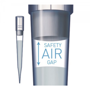 Illustration of the Sartorius SafetySpace Filter Tip Single Tray Rack, 1000μL, clearly showing a safety air gap between the liquid sample and the blue sterile tip.