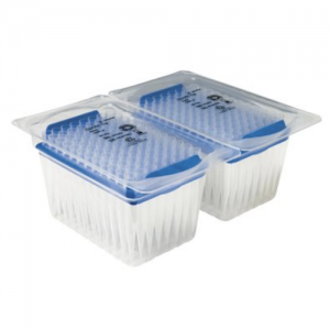 Two clear Optifit Refill Pack racks (Sartorius, 1000μL, Blue, 71.5mm), each holding multiple transparent tips, are stacked side by side; each pack contains 10 x 96 tips for a total of 960.