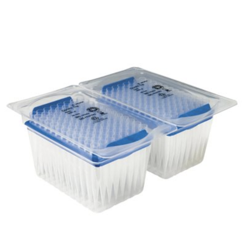 SA 791003 Two Sartorius Optifit Refill Packs (1000μL, Blue, Sterile, 71.5mm), each with 960 tips in 10 x 96 racks, feature transparent lids and are used in laboratory settings.