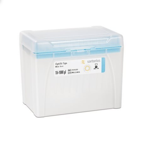 SA 791020 The Optifit Single Tray Rack by Sartorius holds 960 wide bore, non-sterile 1000μL pipette tips (10 x 96), features a light blue lid, and fits tips with a volume range of 10–1000 µL; rack height is 68.5 mm.