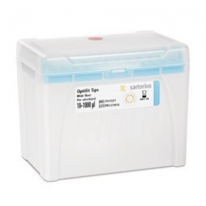 The Optifit Single Tray Rack by Sartorius holds 960 sterile, wide bore, light blue 1000μL tips (68.5mm), suitable for 10-1000μL volumes, in a 10 x 96 format.