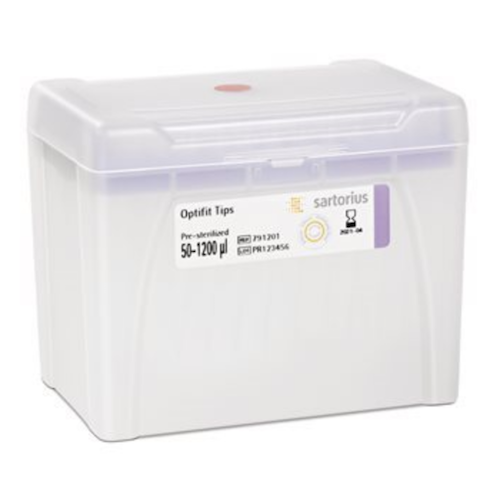 SA 791201 A light purple Optifit Single Tray Rack by Sartorius containing 960 sterile 1200μL tips (71.5mm), packed 10 x 96, designed for precise pipetting.