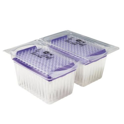 SA 791202 Two racks of Optifit Refill Pack, 1200μL, Light Purple, 71.5mm pipette tips (Sartorius), each with 96 tips per rack and packaged with a transparent cover; total of 192 tips.