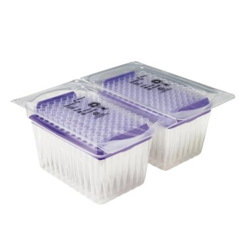 SA 791203 Two racks of Sartorius Optifit Refill Pack pipette tips, 1200μL, sterile, light purple, 71.5mm, 10 x 96 (960 tips), are covered by clear lids and used in labs for precise liquid handling.