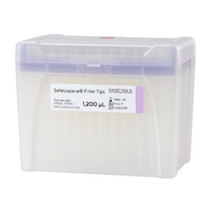 A sterile purple SafetySpace Filter Tip Single Tray Rack, 1200μL, 10x96 (960 tips) from Sartorius contains disposable pipette tips for lab use.