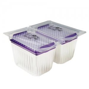 Two Sartorius Optifit Refill Pack racks (1200μL, purple, extended length 90mm, 10 x 96, 960 tips) sit side by side with clear lids on a white surface, designed to streamline laboratory workflows.