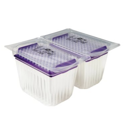 SA 791212 Two Sartorius Optifit Refill Pack racks (1200μL, purple, extended length 90mm, 10 x 96, 960 tips) sit side by side with clear lids on a white surface, designed to streamline laboratory workflows.