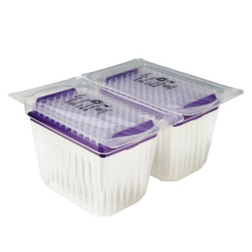 SA 791213 Two plastic Sartorius racks containing sterile Optifit Refill Pack 1200μL extended length pipette tips (purple, 90mm), each covered by a transparent lid. Each pack includes 10 x 96 tips, totaling 960 tips.