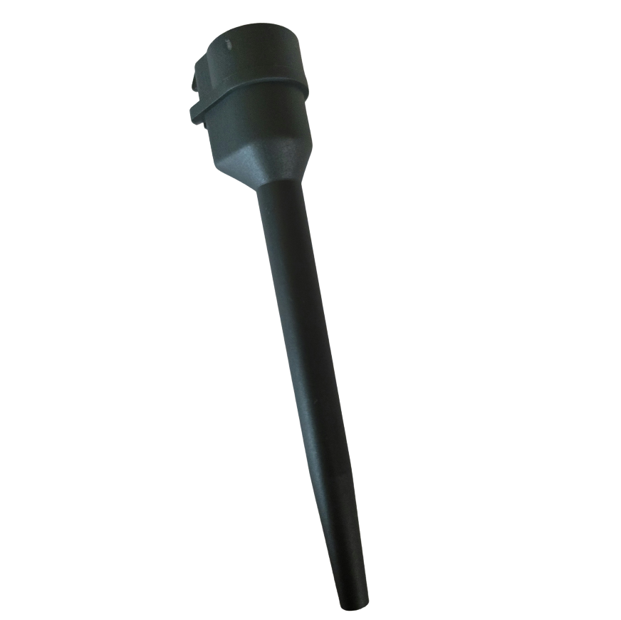 SA LH-721103 The Proline Mechanical Tip Ejector Collar, 2.5μL, 10μL (Sartorius), features a black plastic build with a cylindrical top and pointed end for easy insertion into soil or ground.